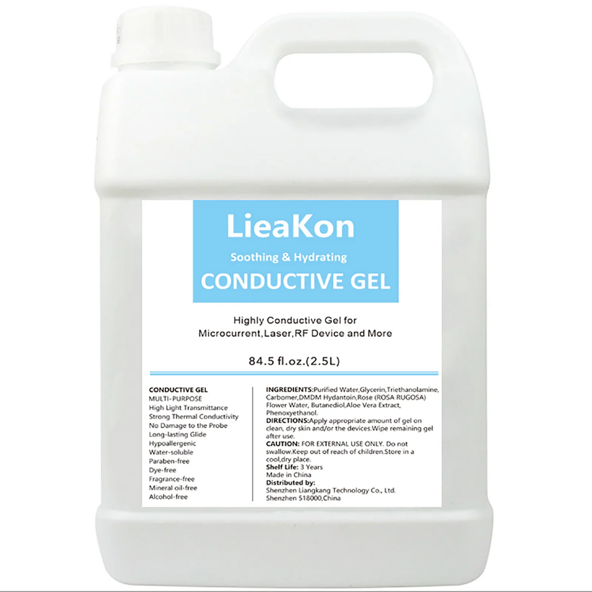 2.5 liter container of clear conductive beauty gel for microcurrent, laser, and RF devices