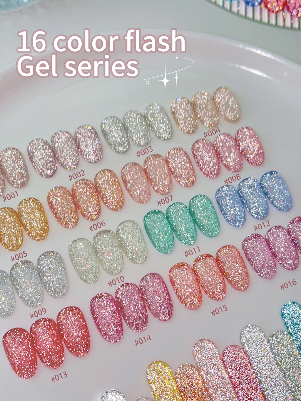 A collection of 16 different colors of glittery gel nail polish samples on a display.