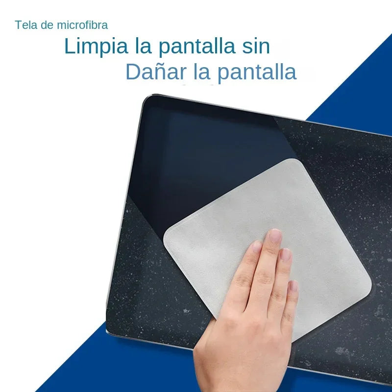 Hand cleaning a dark screen with a grey microfiber cloth