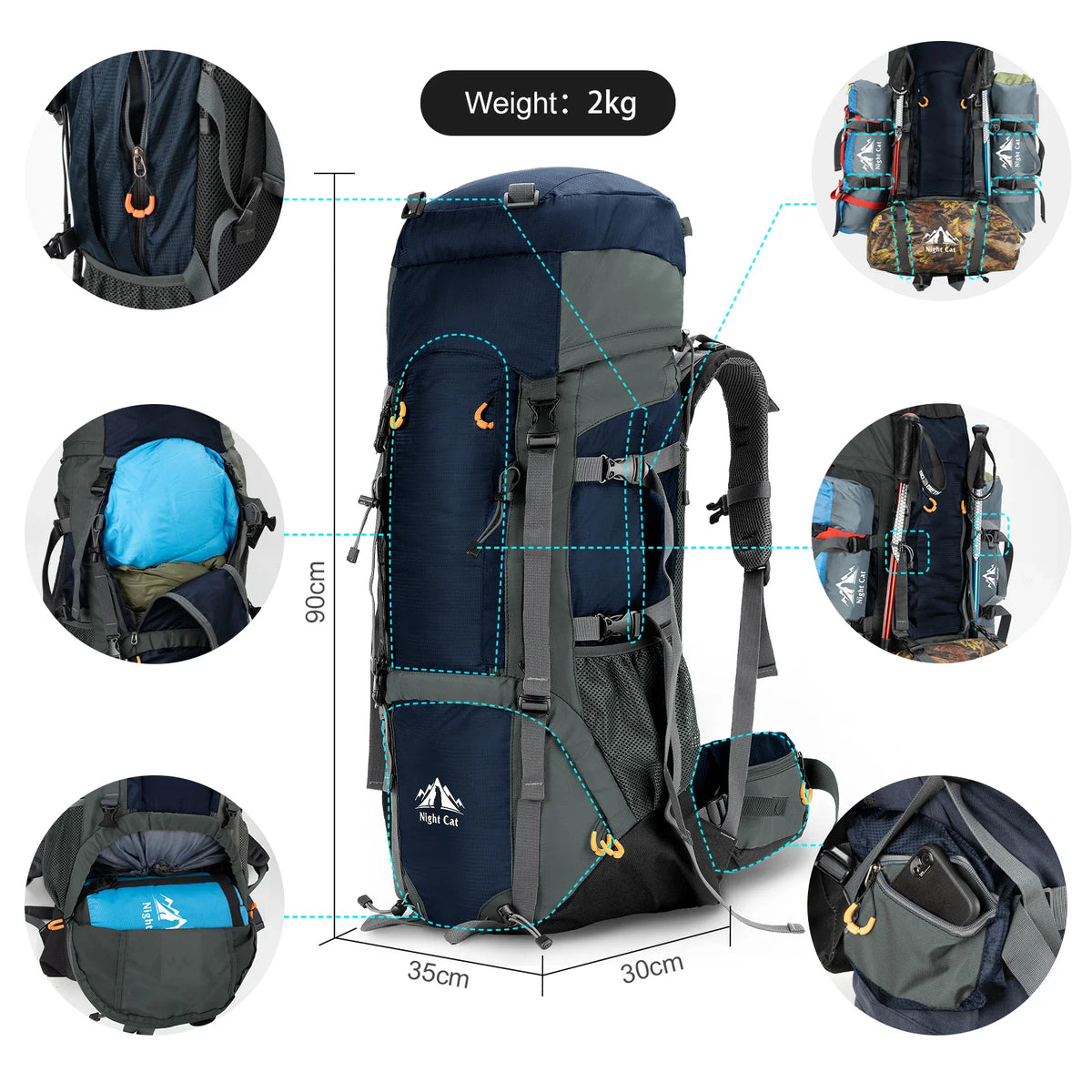 Hiking backpack showing storage compartments and physical dimensions.