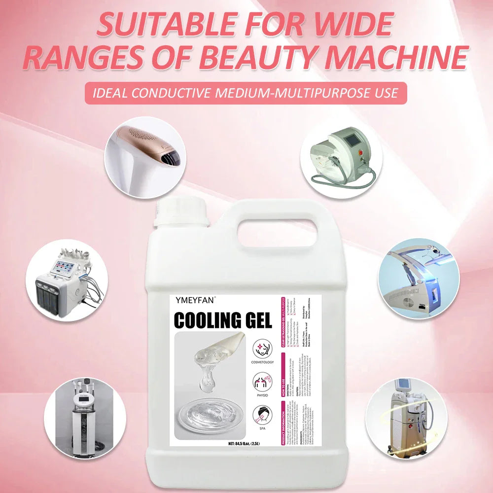 Cooling conductive gel bottle surrounded by various professional medical aesthetic beauty machines