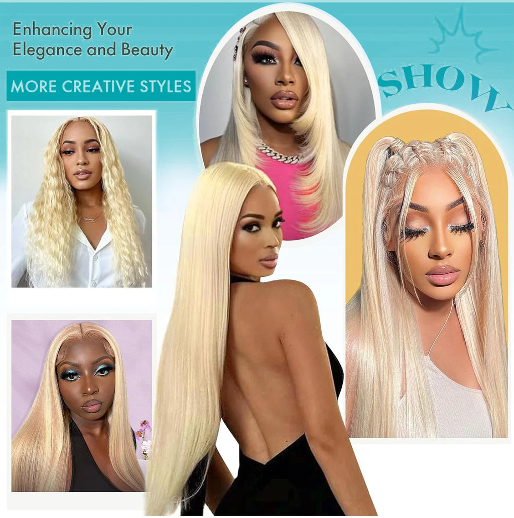 Different styling options for a blonde lace front wig including braids and wavy texture