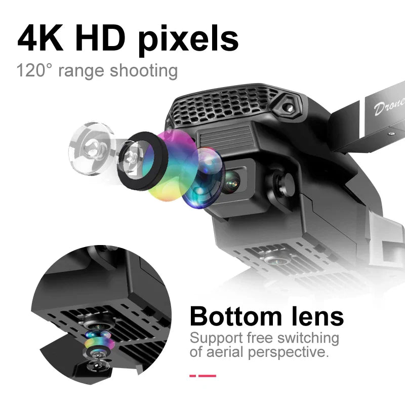 Detailed view of drone camera lenses with descriptive text about 4K pixels and aerial perspective.