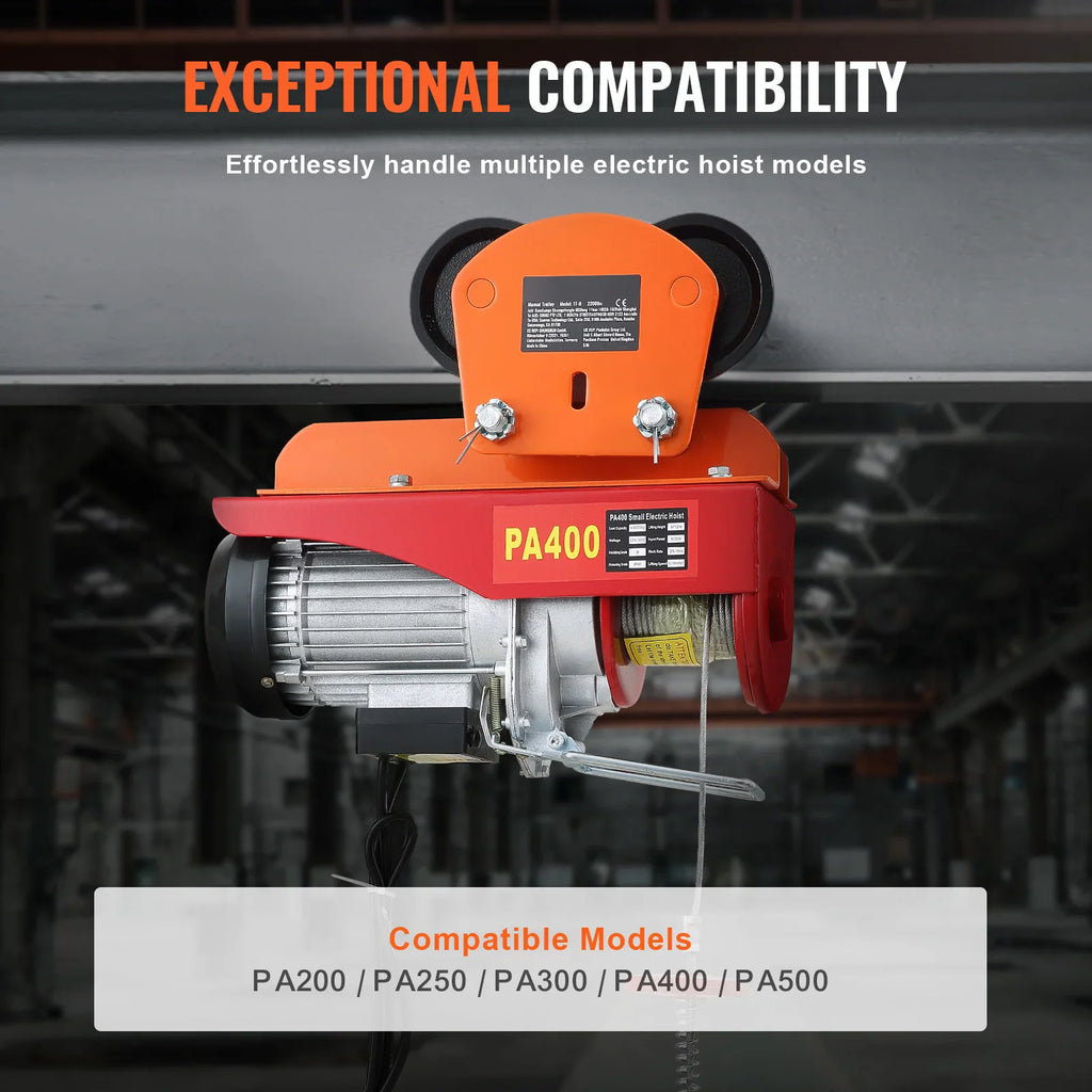 Orange trolley attached to an electric hoist showing compatibility with various models