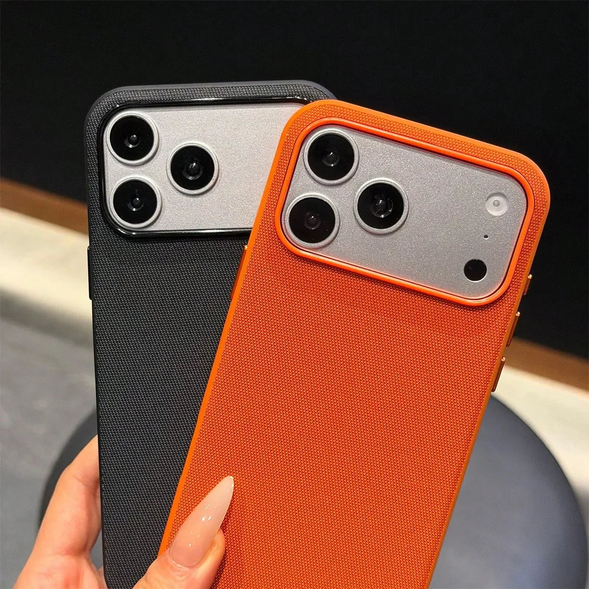 Black and orange woven fabric protective phone cases