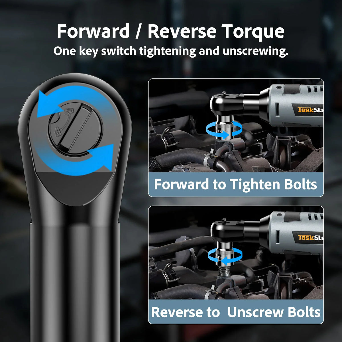 Cordless electric ratchet wrench showing forward and reverse torque functionality for tightening and unscrewing bolts