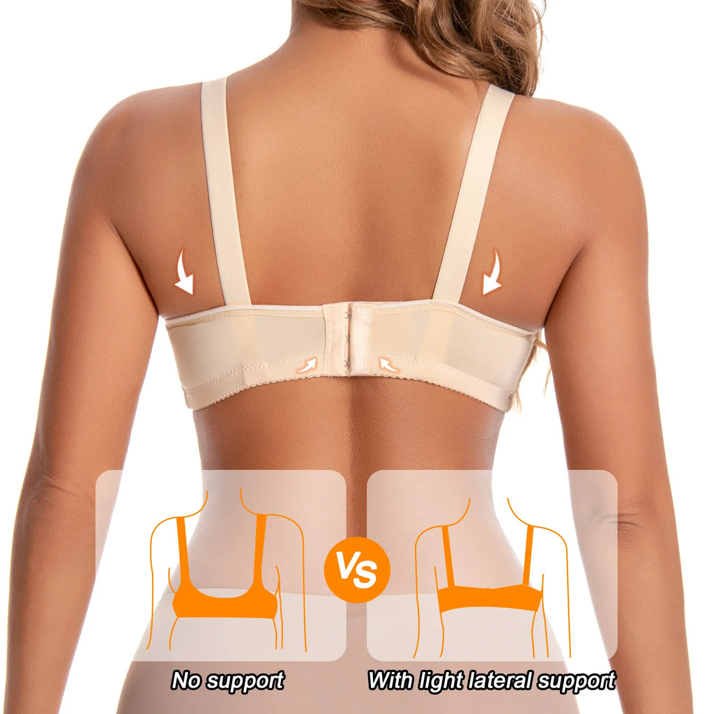 A back view of a woman wearing a beige wireless bra, comparing no support to light lateral support