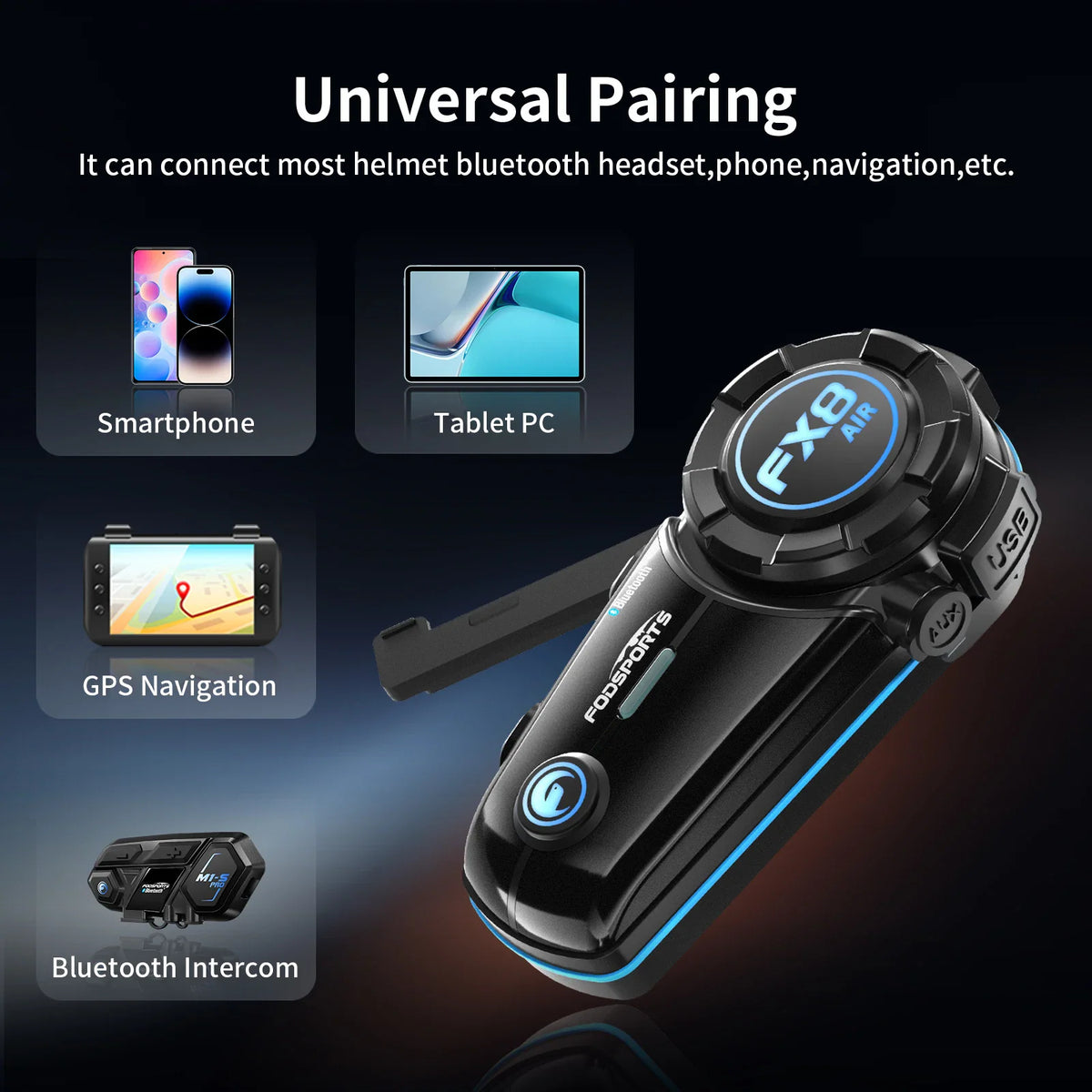 Bluetooth helmet headset showing compatibility with smartphone, tablet, GPS navigation, and other intercom devices.