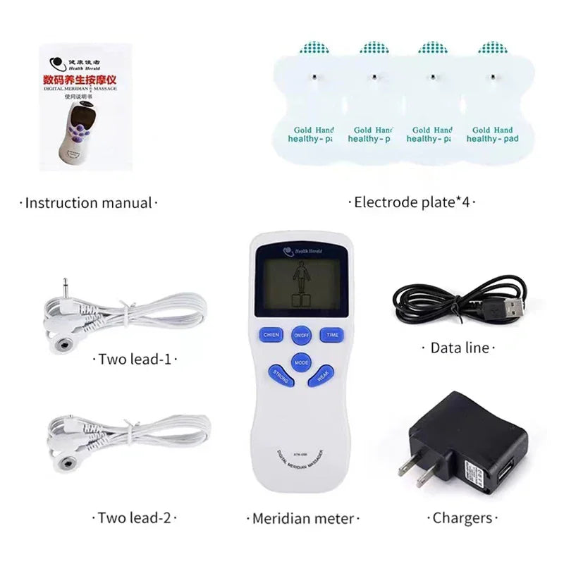 Set of electronic meridian massage device including cables, electrode pads, charger and instruction manual
