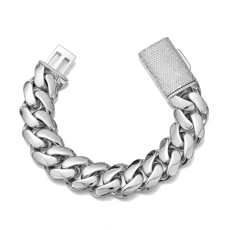 Silver cuban link bracelet for men with a diamond-encrusted box clasp