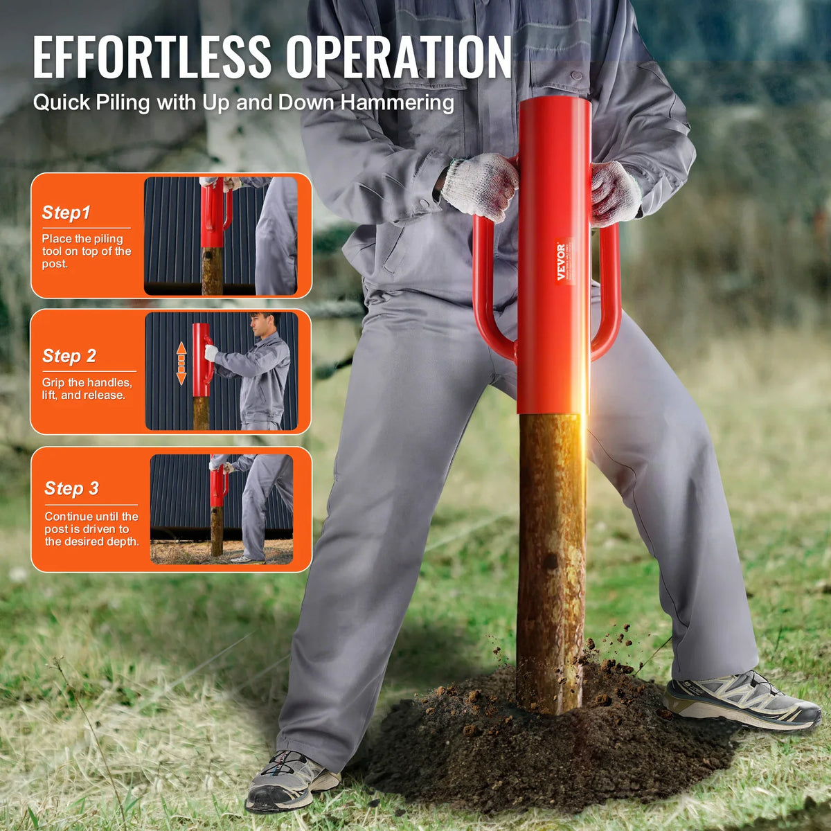 A worker demonstrating how to use a red manual fence post driver