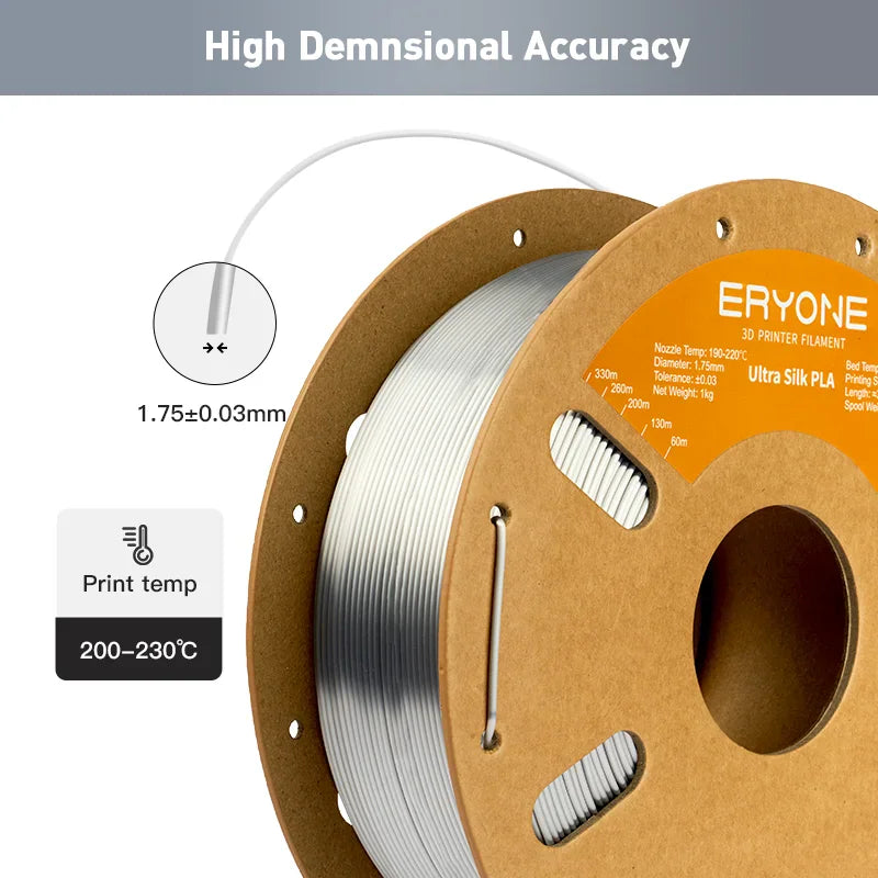 A spool of 3D printer filament with technical specifications and diagrams