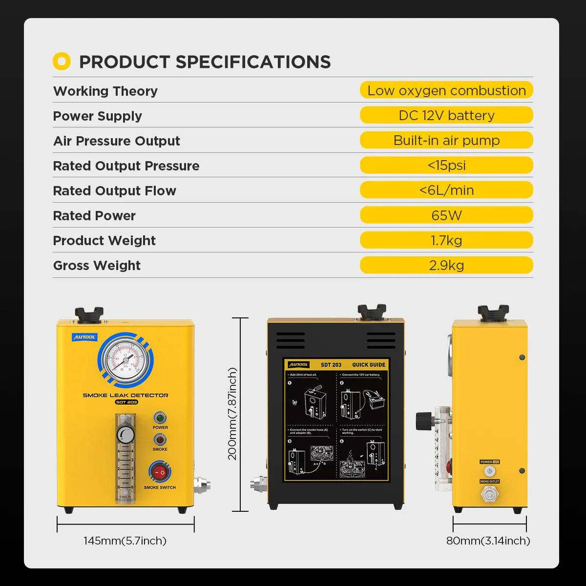 Technical specifications and dimensions of a yellow car smoke leak detector.