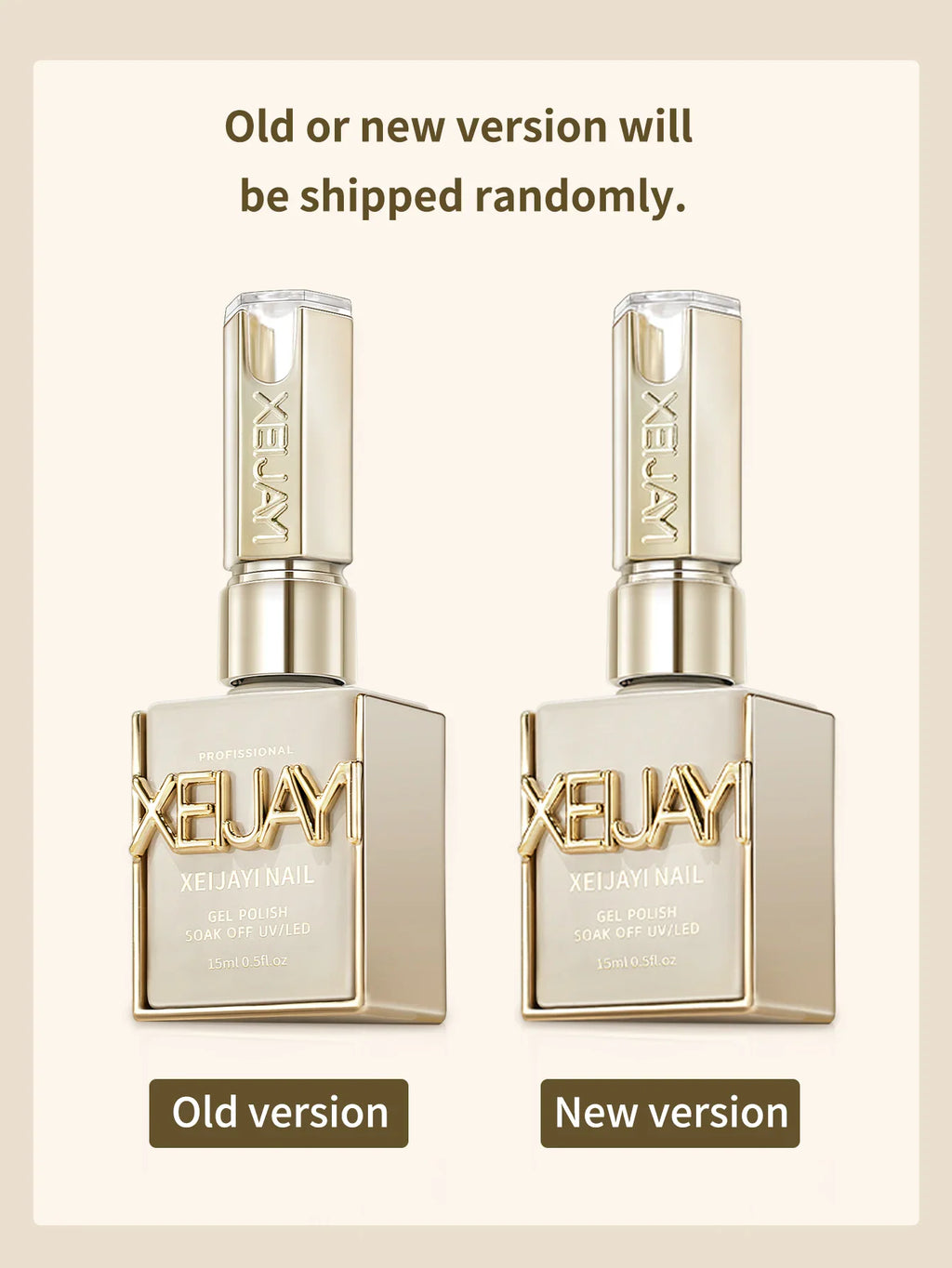 Two bottles of nail gel polish comparing old and new packaging versions