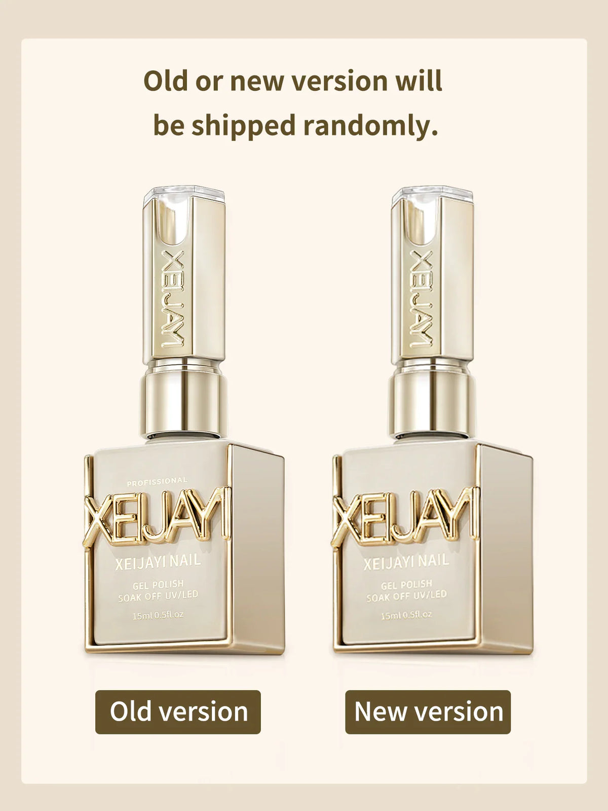 Two bottles of nail gel polish comparing old and new packaging versions