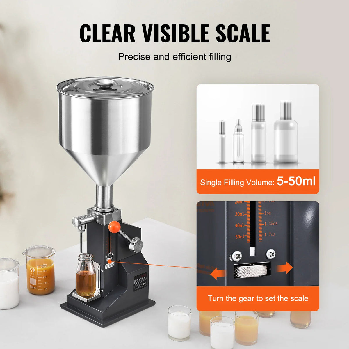 Manual liquid filler featuring visible scale and volume adjustment settings for precise filling