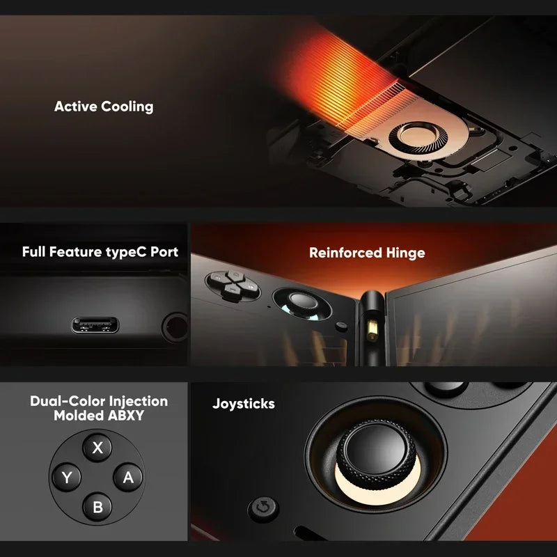 Close-up details of the gaming console highlighting the cooling system, USB port, hinge, joystick, and controller buttons