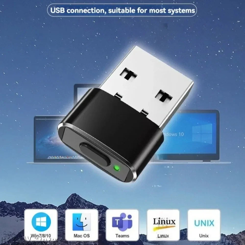 A USB mouse jiggler device shown with icons for various compatible operating systems and software.