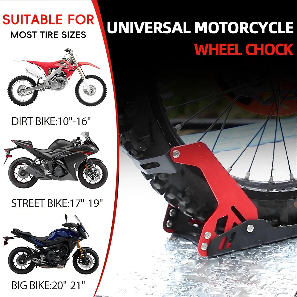 A black and red motorcycle wheel chock stand showing compatibility with different types of motorcycles.