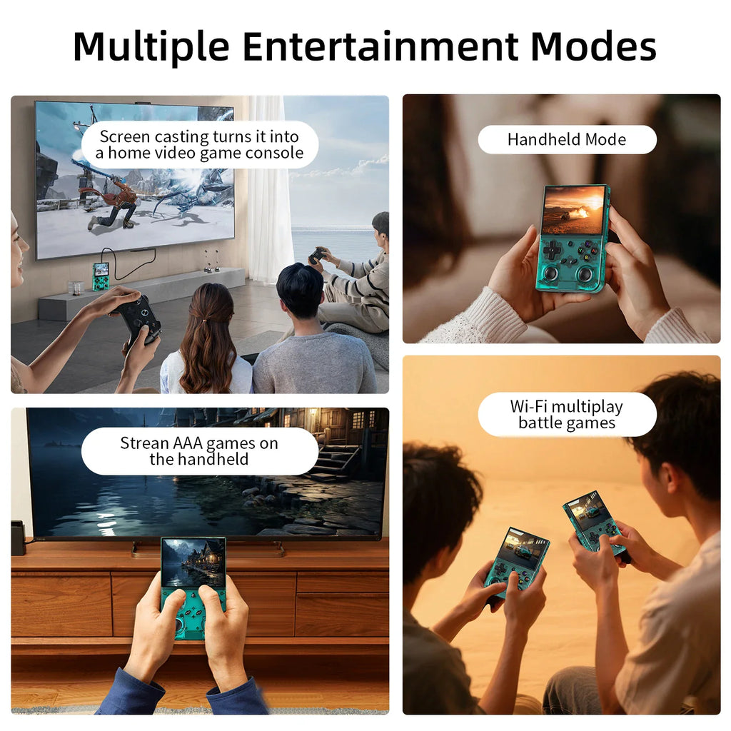 Collage demonstrating multiple entertainment modes for a retro handheld console, including TV connection and multiplayer