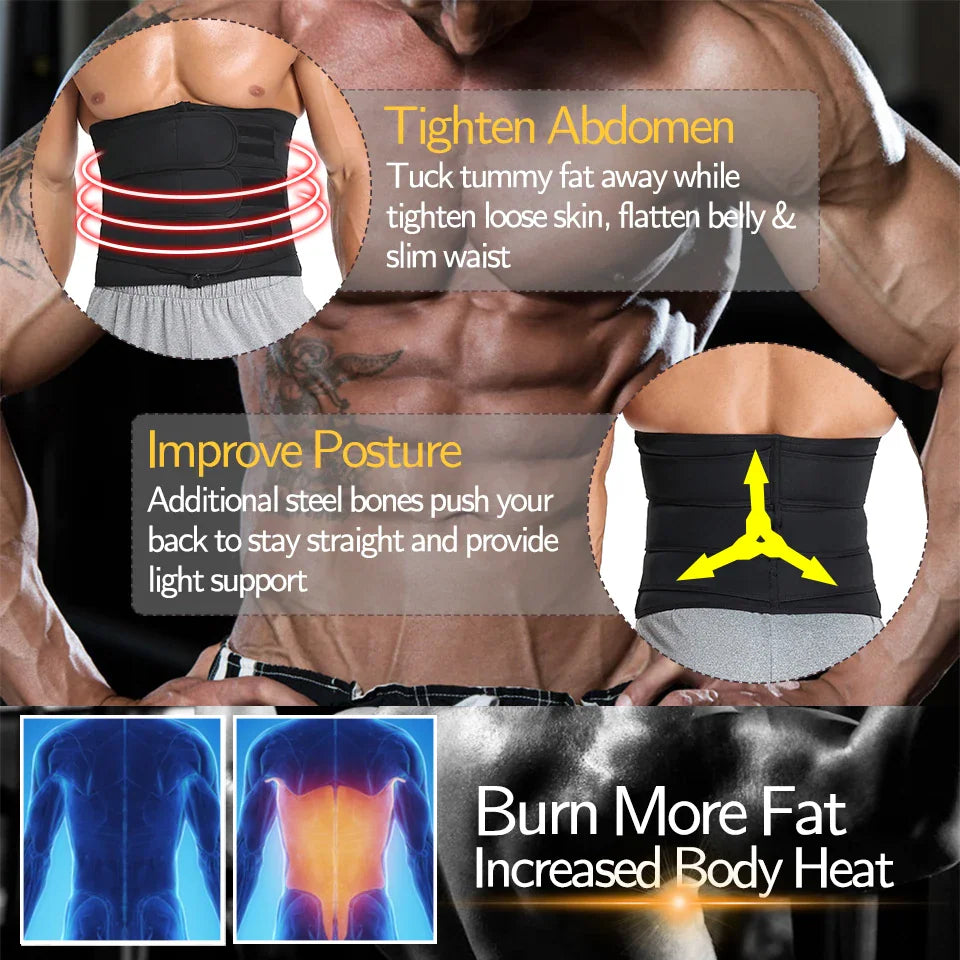 Diagrams explaining the benefits of a waist trainer for posture and fat burning