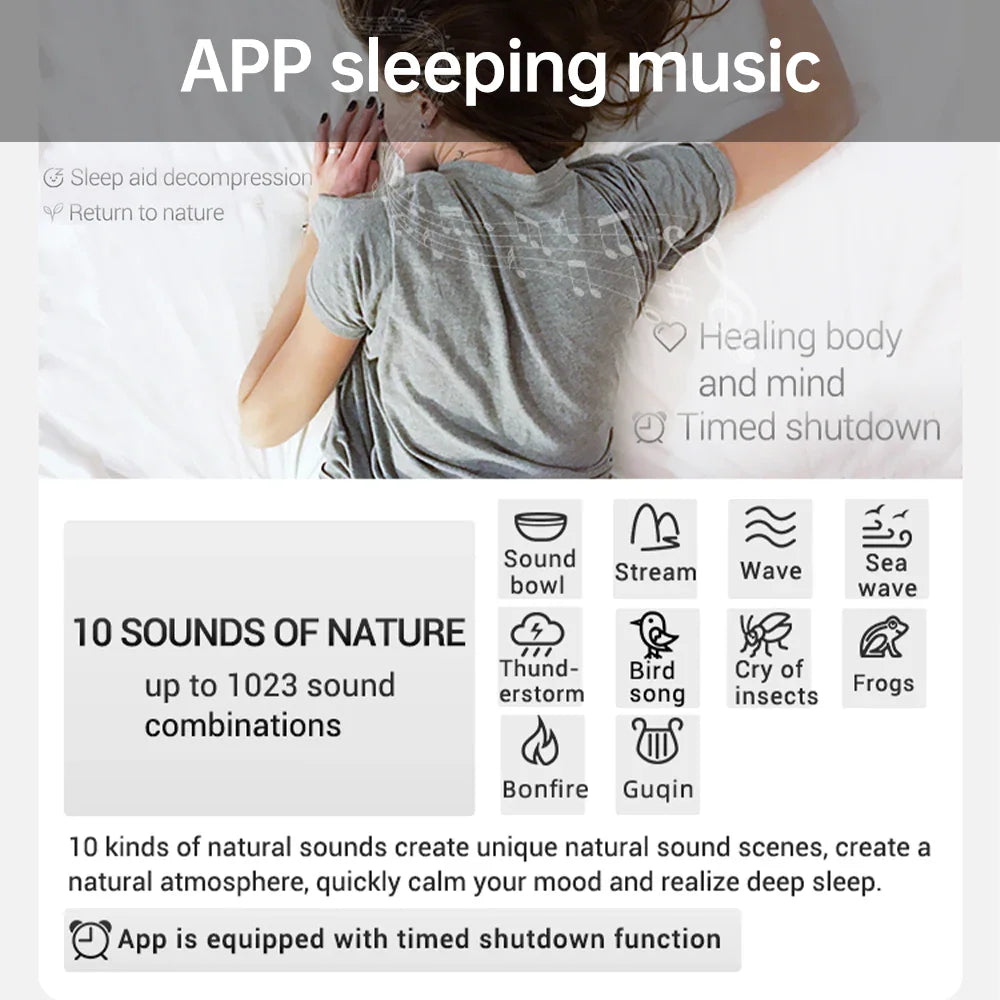 Mobile app interface showing sleep music options with nature sounds and timer features.