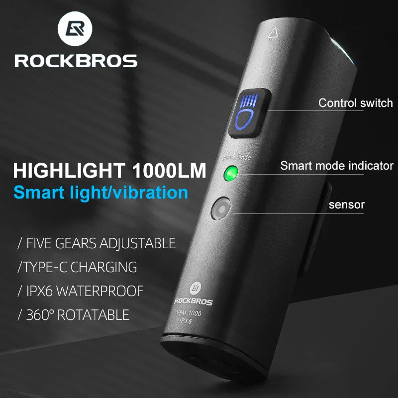 A black bike light with features labeled such as control switch, smart mode indicator and sensor