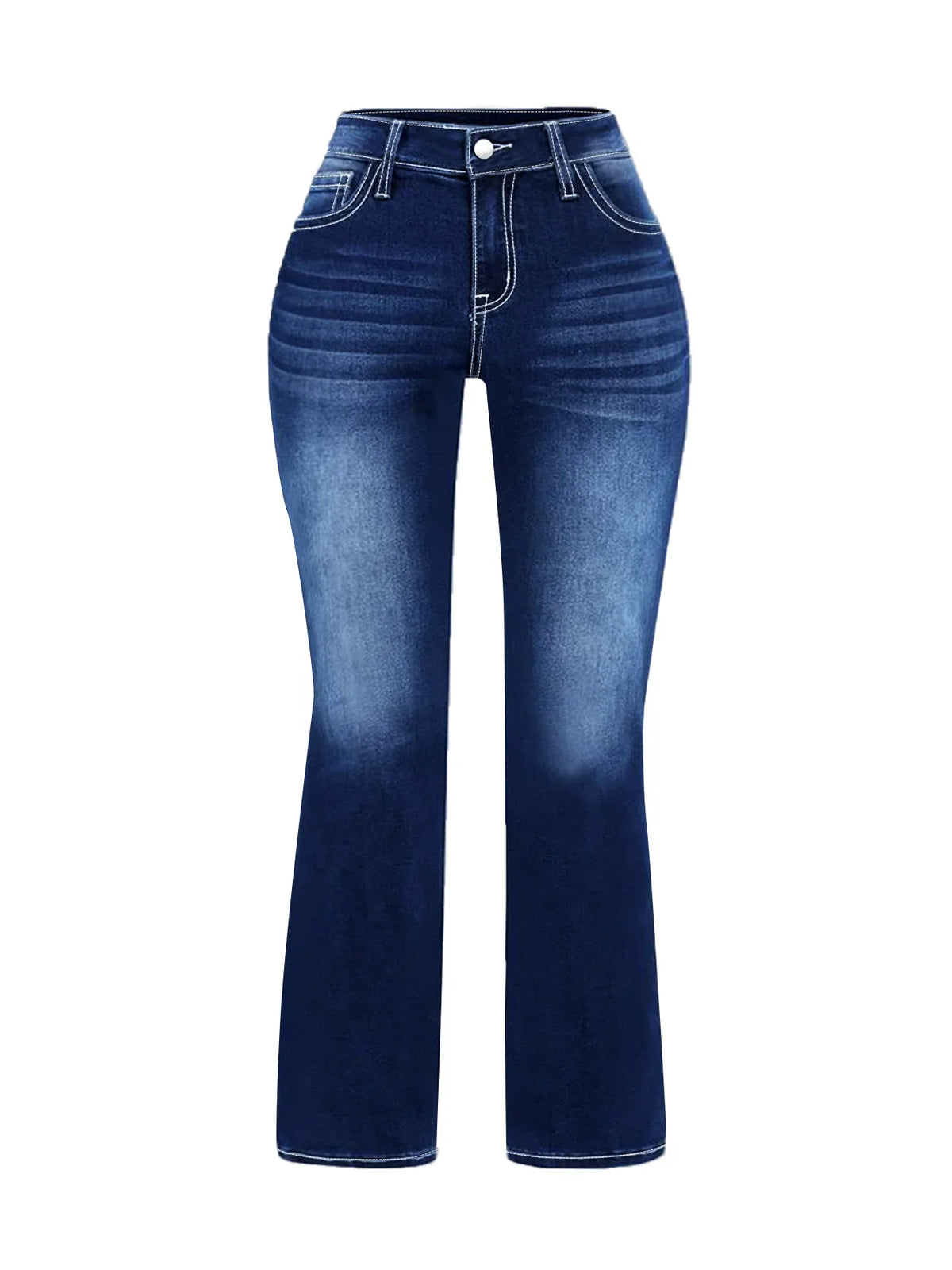Front view of deep blue high-waisted flared jeans
