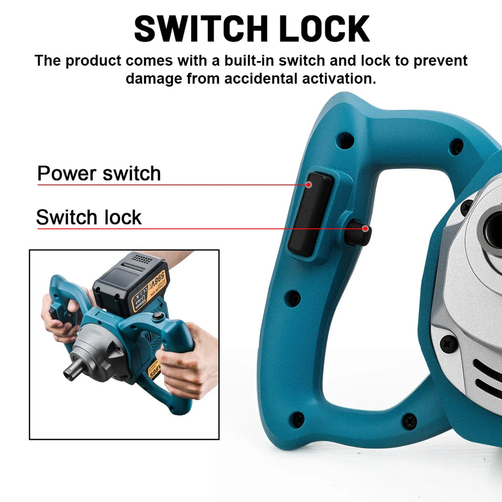 Diagram detailing the power switch and safety lock mechanism on a cordless mixing tool.