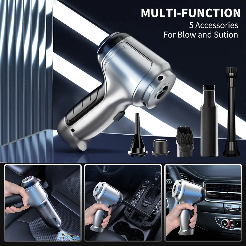 Handheld cordless vacuum cleaner shown with various nozzle accessories and in use cleaning a car interior.