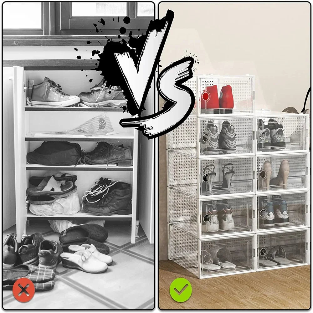 Comparison between an unorganized traditional shoe shelf and an organized stack of transparent plastic shoe boxes