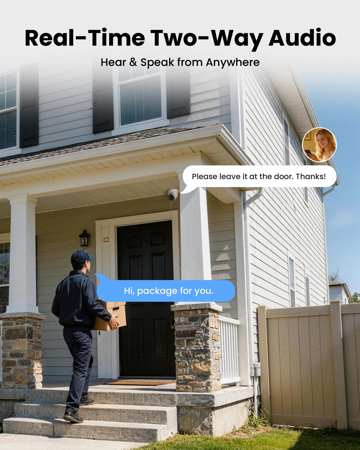 Security camera system demonstrating two-way audio communication between a delivery person and a homeowner