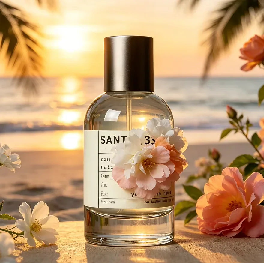 A glass bottle of scented perfume spray with a label and pinkish-white flowers, set against a sunset beach backdrop.