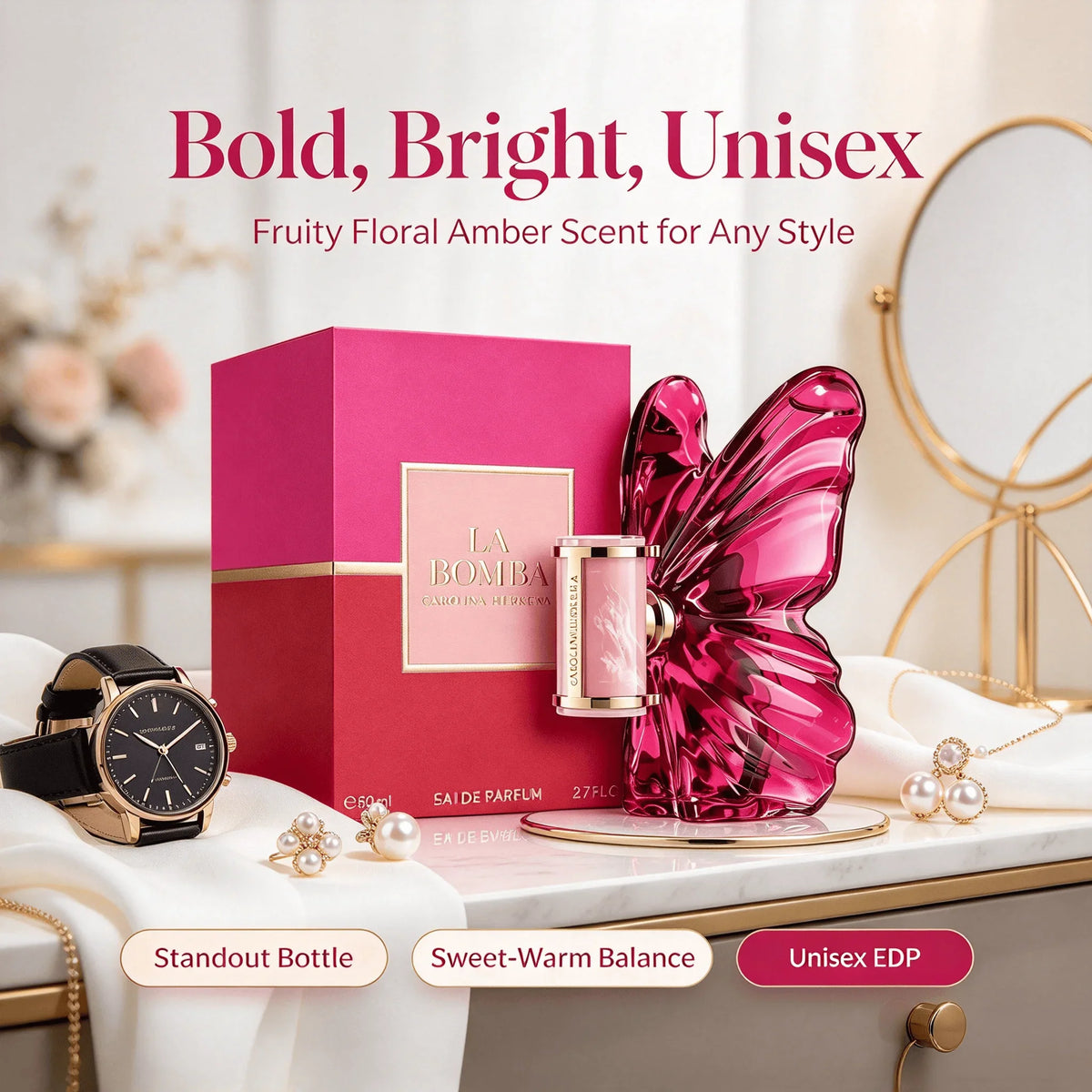 Perfume bottle and box set on a vanity table with jewelry including a watch and pearl earrings.