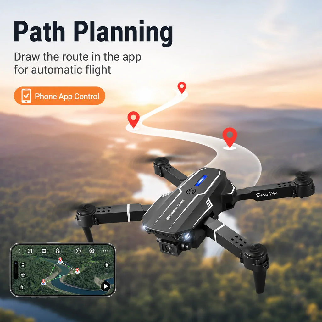 Black foldable camera drone with flight path illustration on phone display over a landscape.