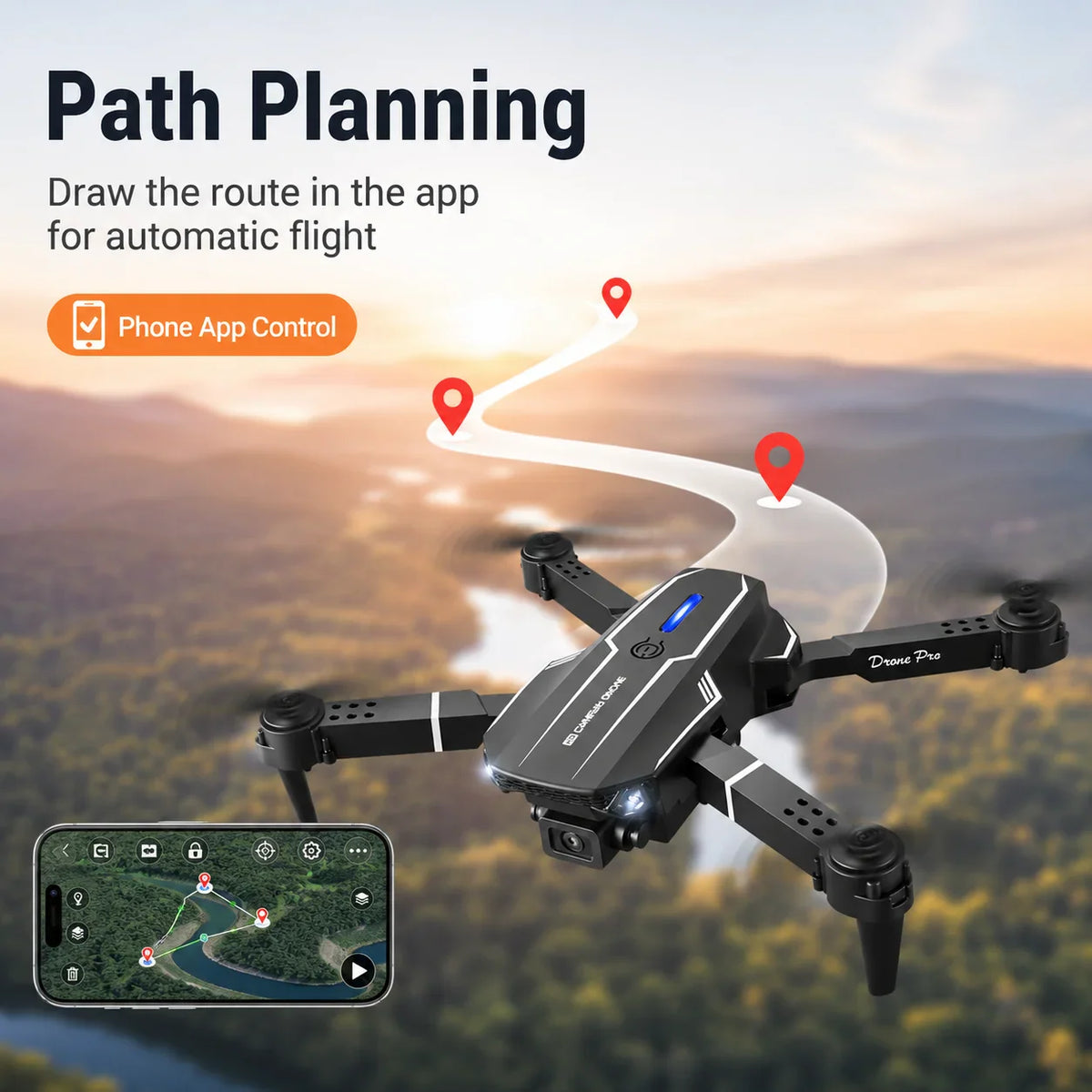 Black foldable camera drone with flight path illustration on phone display over a landscape.