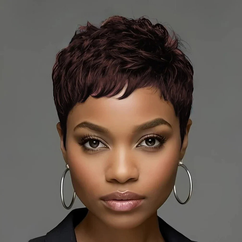 A short, burgundy red, pixie cut curly human hair wig on a mannequin.
