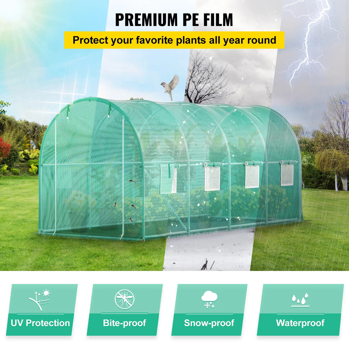 Tunnel greenhouse features for UV, bite, snow, and rain protection.
