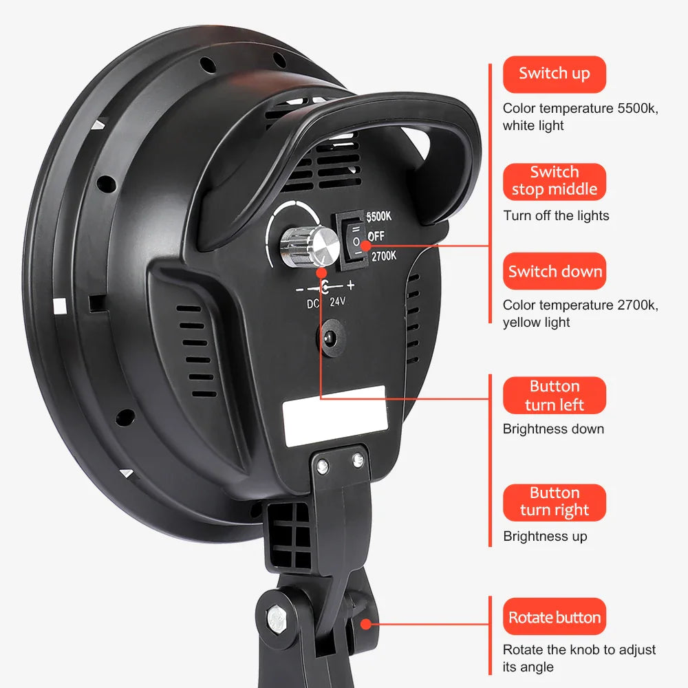 Back of an LED photography light with instructions on how to use the control knobs and switches.