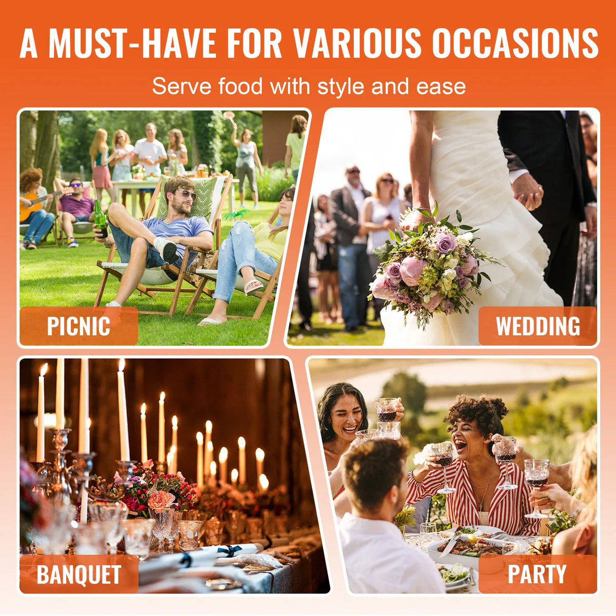 Collage showing a chafing dish set being used at various occasions like picnics, weddings, and parties.
