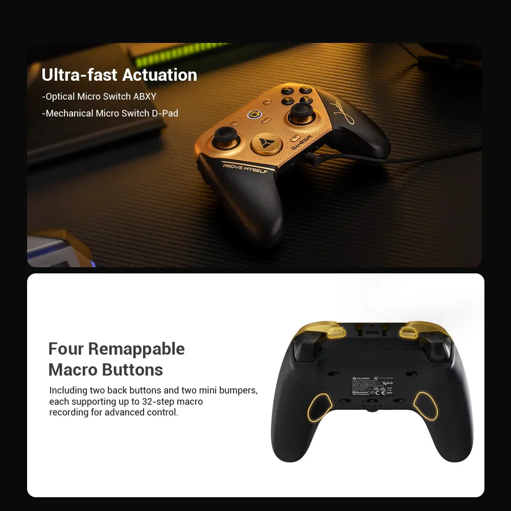 Close up of PC gaming controller showing mechanical buttons and back macro buttons