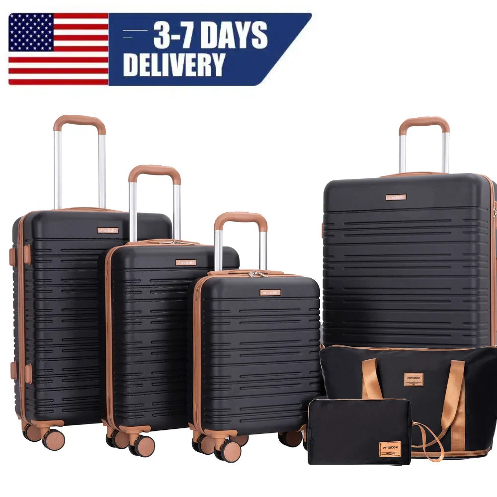 Set of black hardshell suitcases and duffle bags with brown accents and telescopic handles.