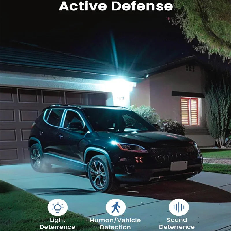 Outdoor security camera with motion-activated lighting, vehicle and human detection
