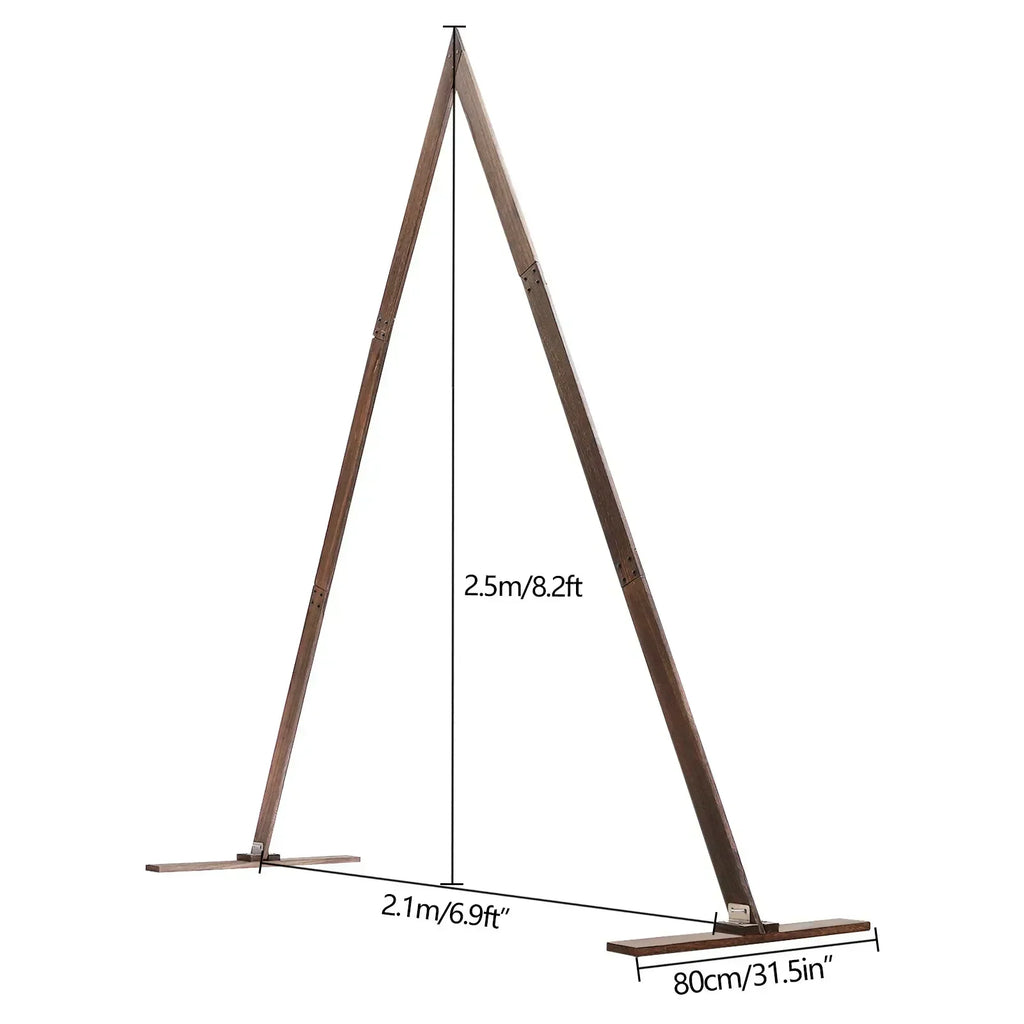 A plain brown wooden triangular wedding arch stand with dimension labels in meters and feet.