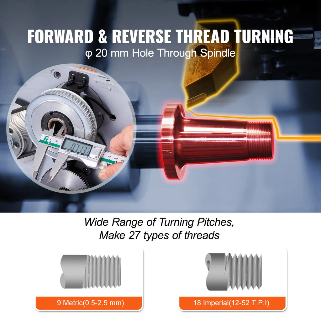 Metal lathe machining process for threading with specification text