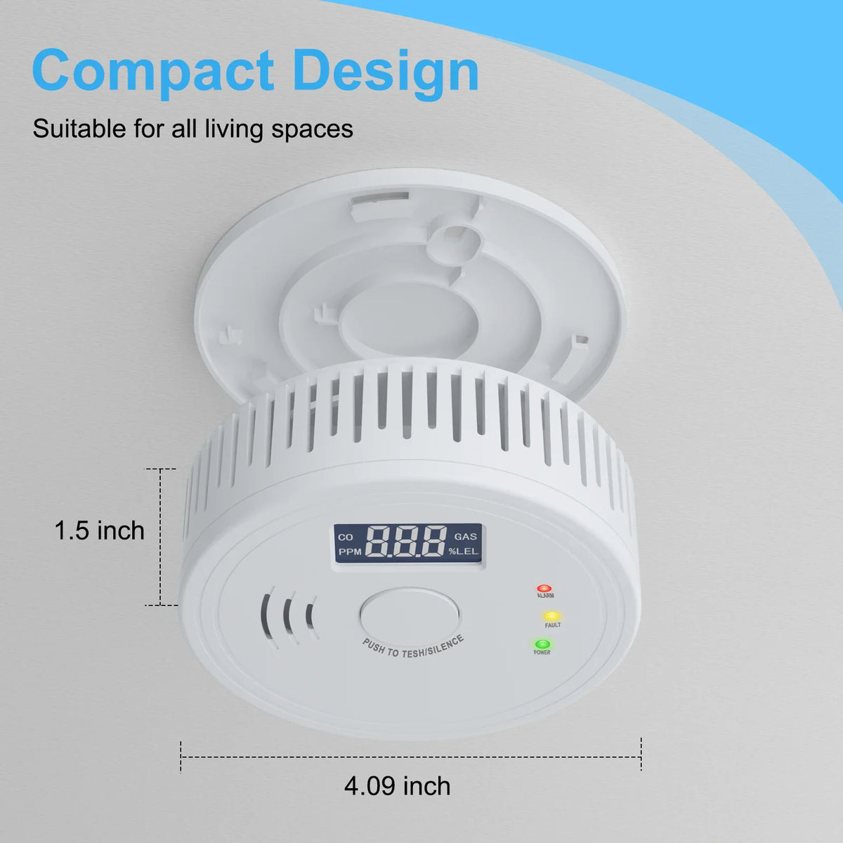 White smoke and carbon monoxide detector with dimensions indicated on a ceiling