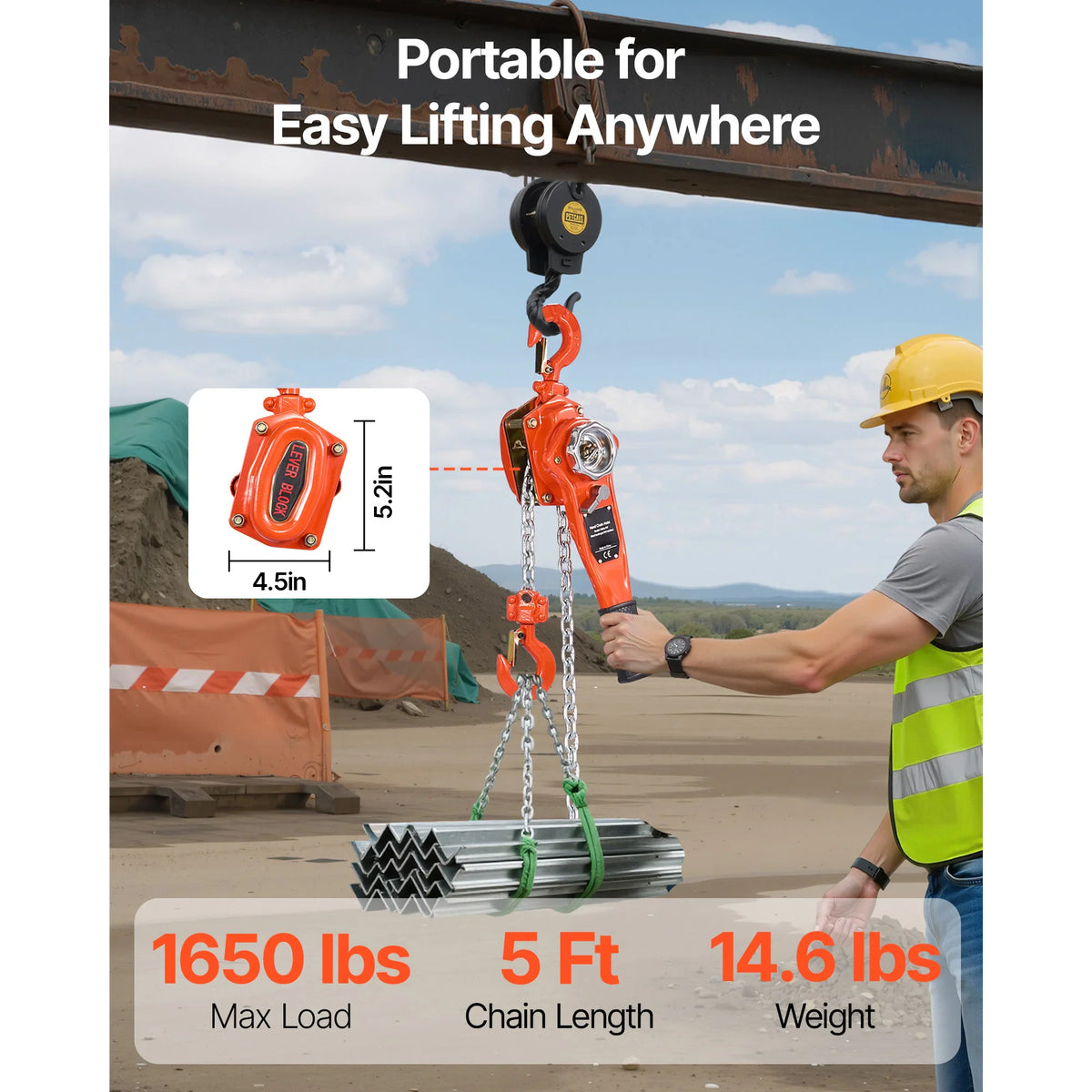 Worker using an orange lever chain hoist to lift metal pieces, showing technical specifications.