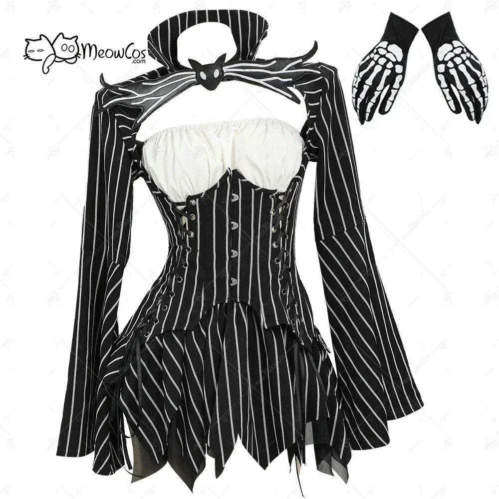 Women's gothic style striped cosplay costume with skeleton print gloves