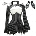 Women's gothic style striped cosplay costume with skeleton print gloves