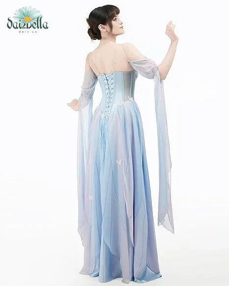 Back view of a woman wearing a blue fairy style long dress with lace-up corset back